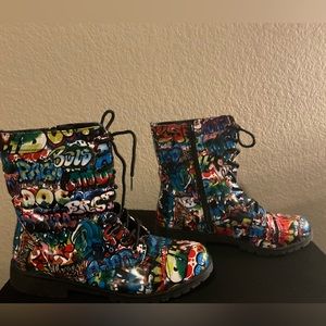 BAMBOO Graffiti Combat Boots Lace Up/Zip Up Blue Black Rain Boot BAMBOO